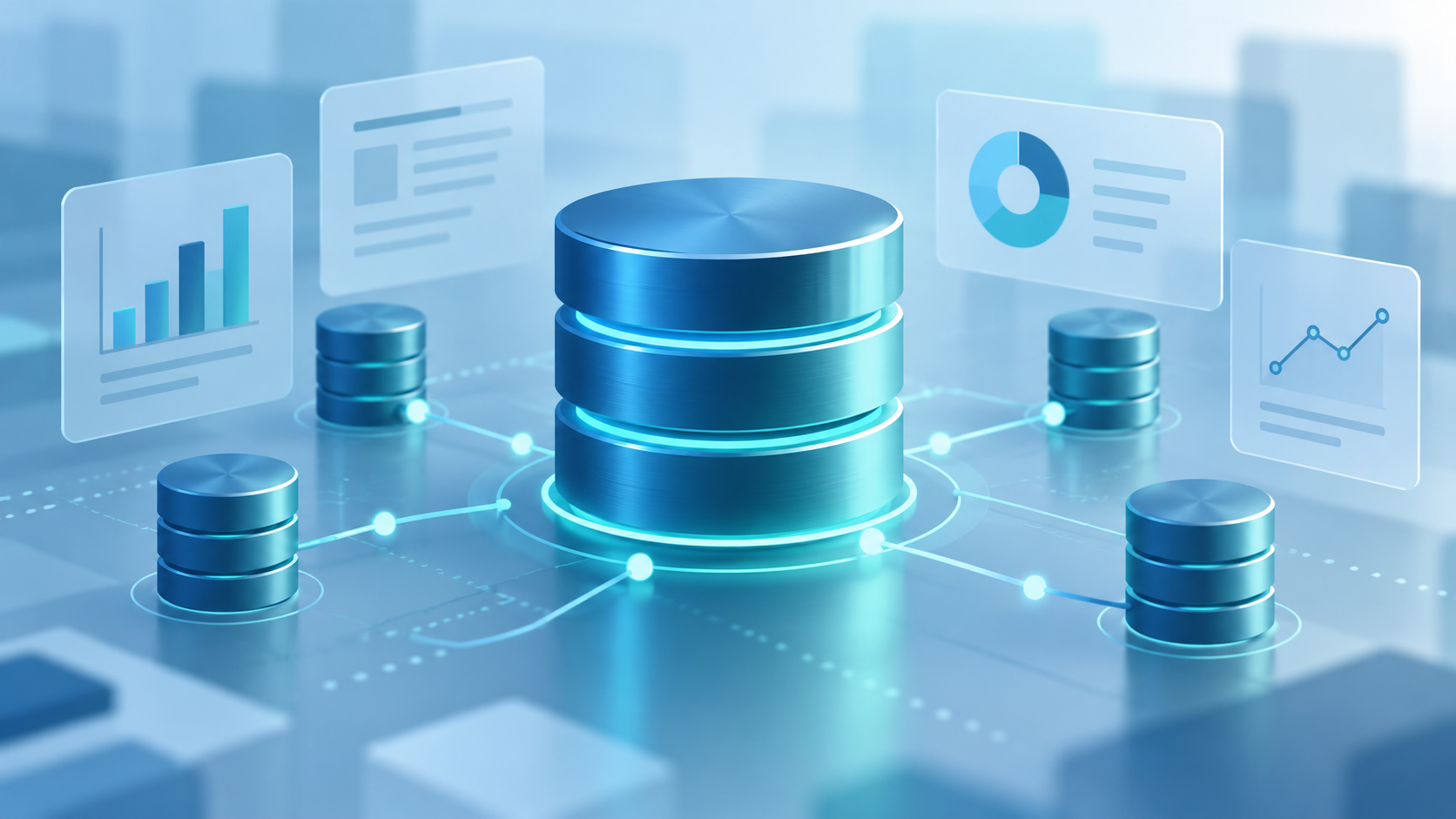 Illustrazione di un database centrale collegato a sistemi di dati e grafici