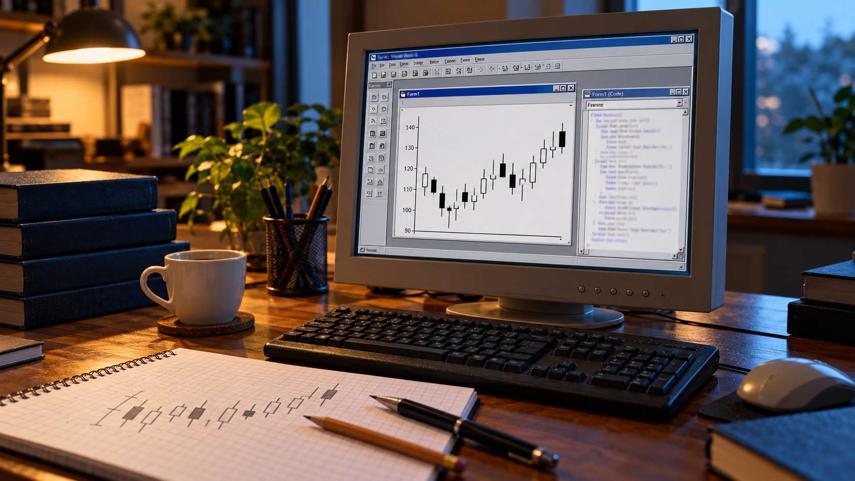 Ricostruzione illustrativa di una postazione con ambiente Visual Basic, grafico candlestick e schizzi delle candele su un taccuino.