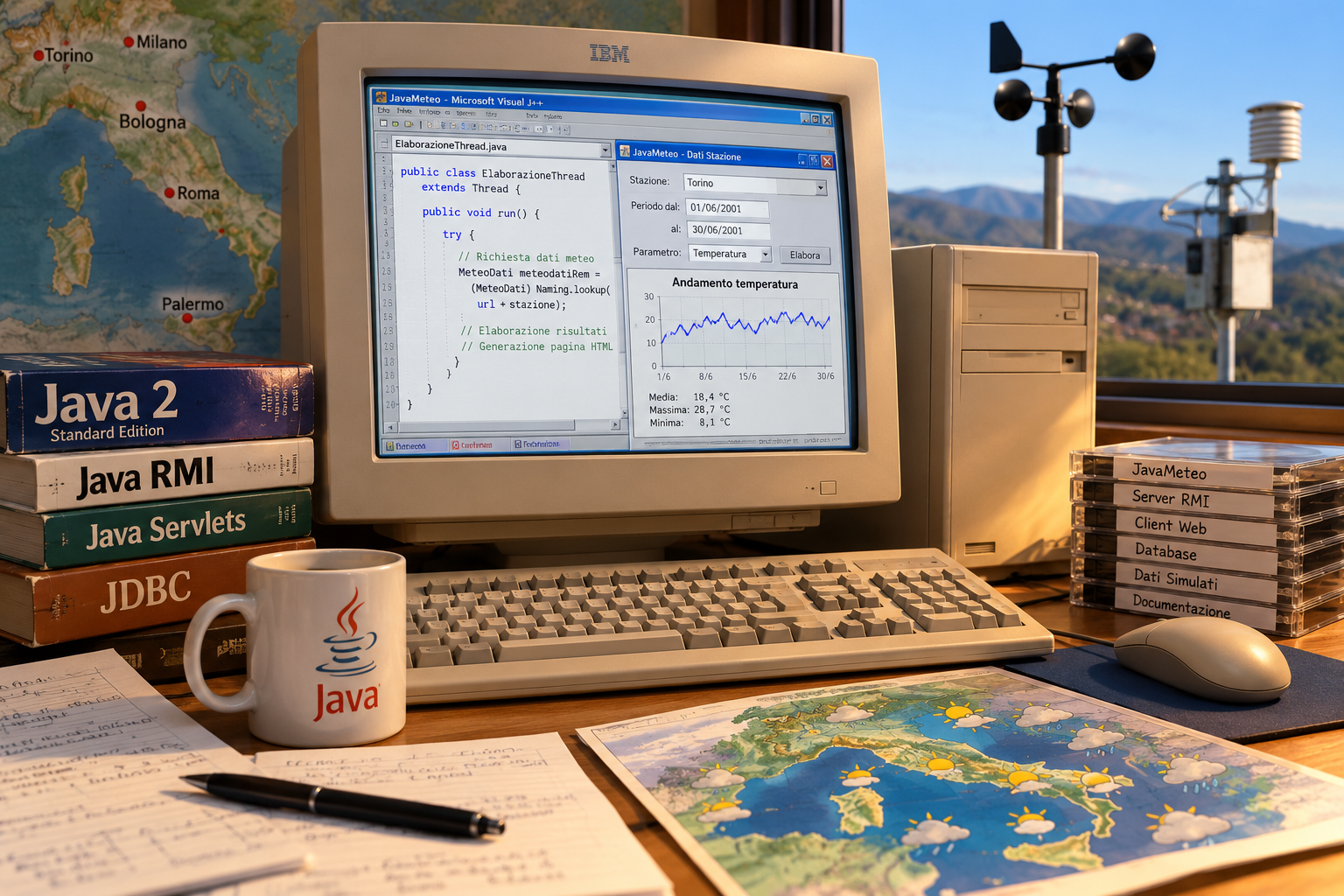 Illustrazione di un computer dei primi anni Duemila con dati meteorologici, codice Java e una stazione meteo sullo sfondo