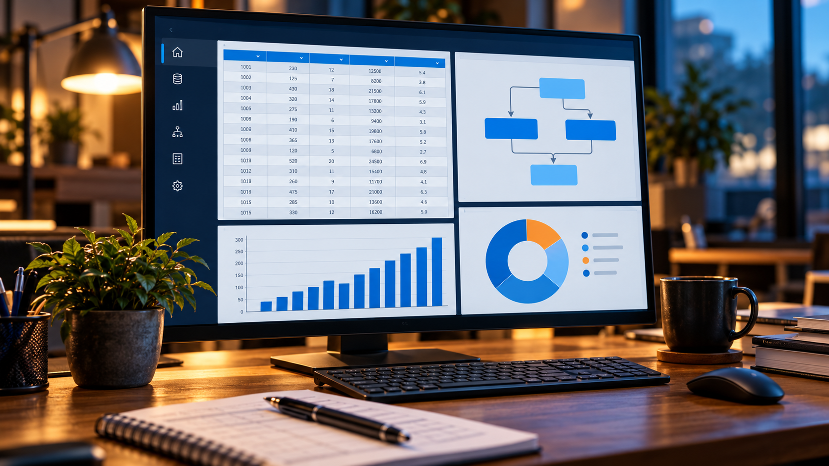 Monitor con tabelle, flusso di trasformazione e grafici blu su una scrivania in luce ambrata.