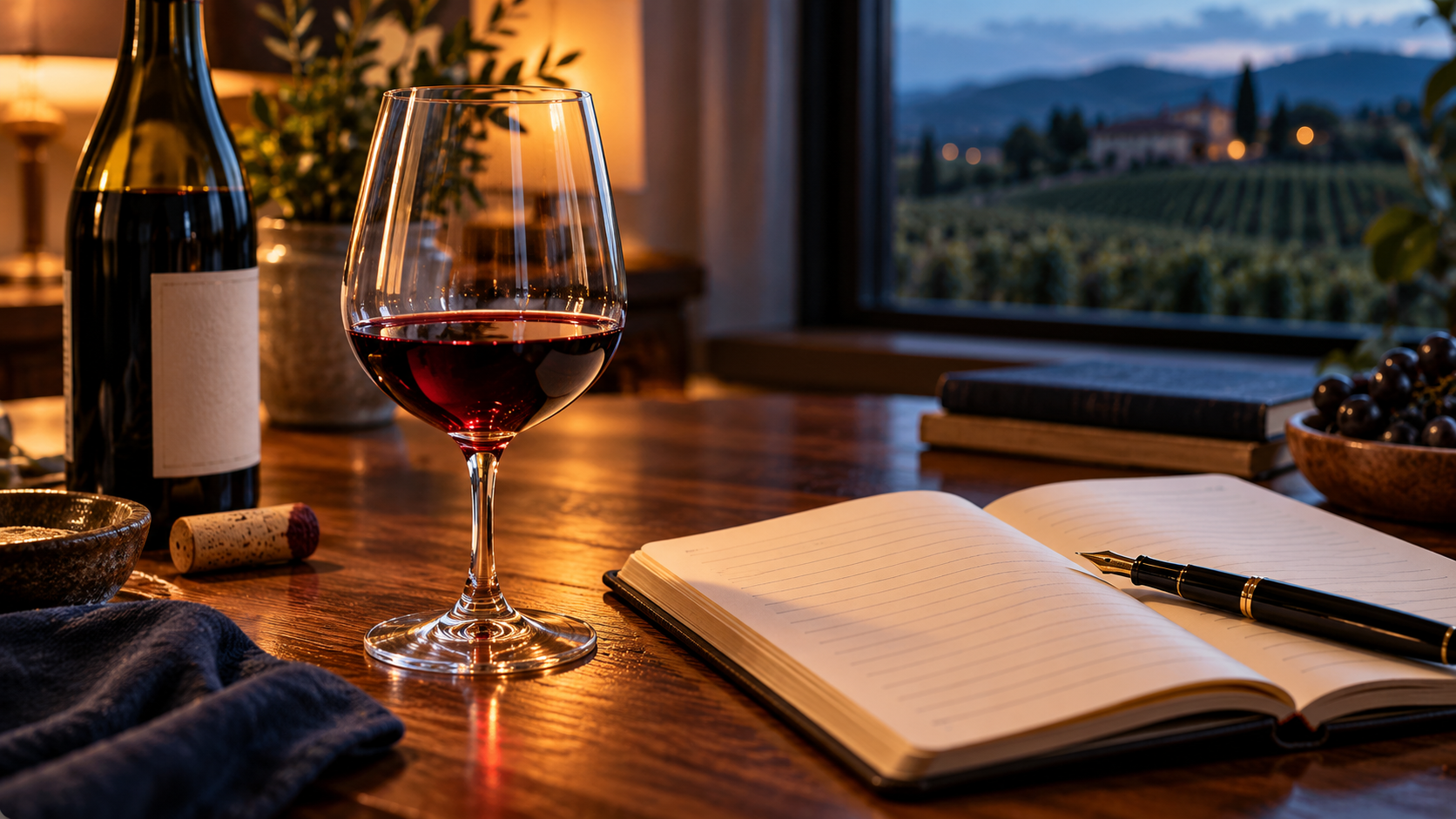 Calice di vino rosso e taccuino di degustazione in luce calda, con vigneti sullo sfondo al tramonto.